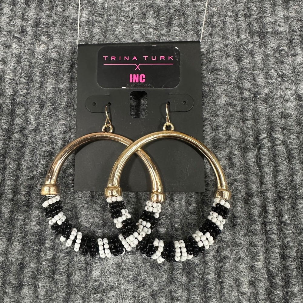 Trina Turk x INC Hoop Earrings Womens OS Black White Gold NEW Seedbead Striped